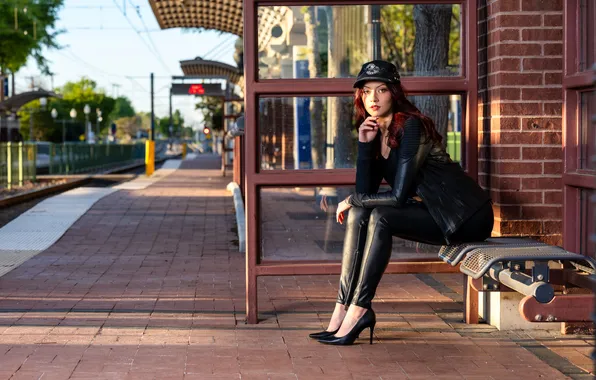 Bench, jacket, shoes, cap, sitting, pants, Janine