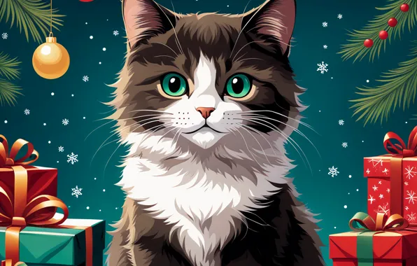 Cat, cat, look, balls, snow, snowflakes, branches, pose