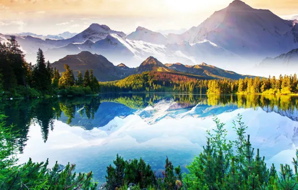 Picture the sky, trees, mountains, lake, haze