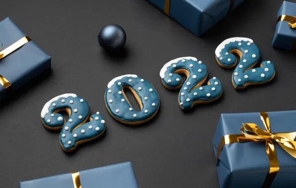 Background, ball, cookies, figures, gifts, New year, 2022