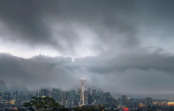 The sky, clouds, building, tower, SEATTLE