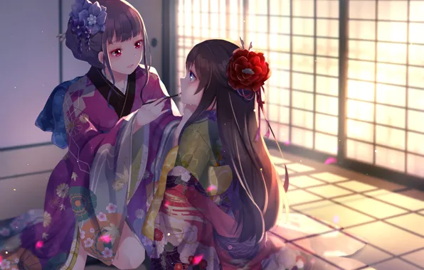 Makeup, kimono, in the room, sunlight, flower in hair, tatami, two girls, sitting on my …