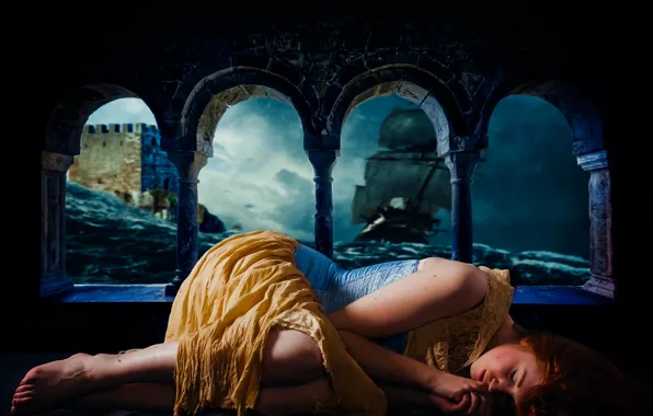 Picture sea, wave, girl, storm, castle, the ocean, ship, sleep