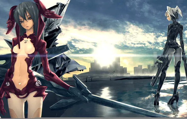 The sun, the city, the plane, weapons, girls, robot, button