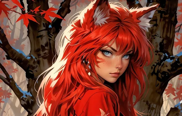 Blue eyes, red hair, Fox ears, in the woods, the girl-demon, sideways, fox girl