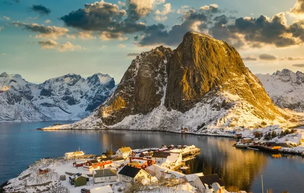 Winter, the sky, clouds, snow, house, river, the building, Mountain