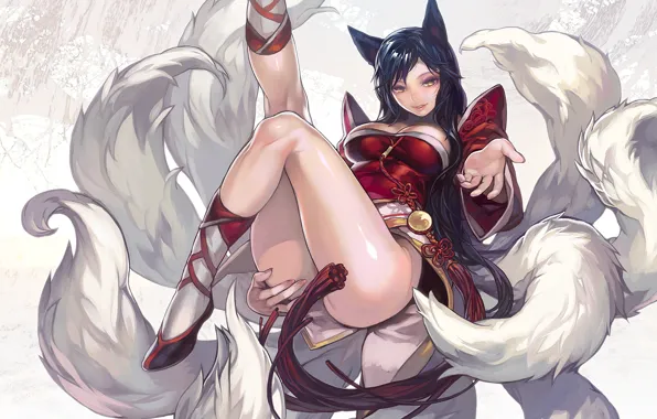 Picture girl, ears, league of legends, tails, ahri