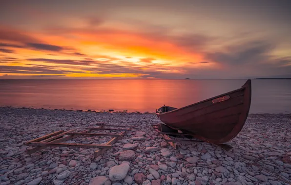 The sky, clouds, sunset, pebbles, lake, stones, shore, boat