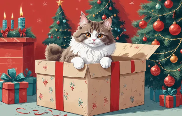 Picture Cat, Cat, Christmas, New year, Tree, Toys, Box, Digital art