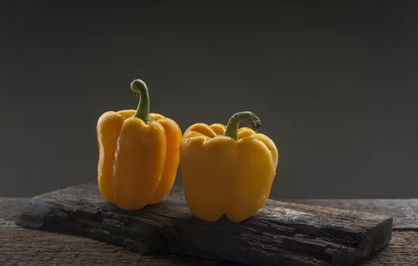 Drops, yellow, wall, Board, pepper, still life, grey background, a couple