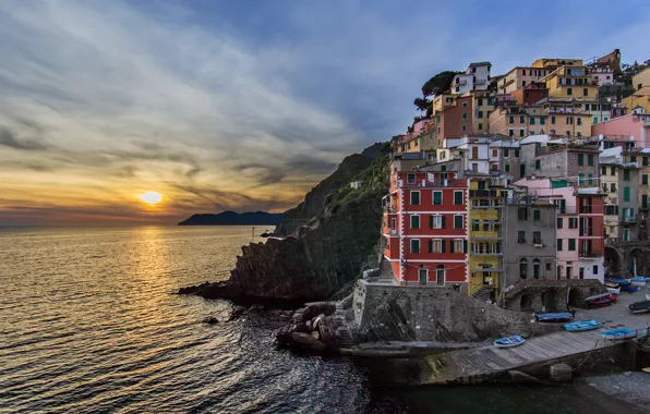 Sea, sunset, building, Italy, Italy, The Ligurian sea, Riomaggiore, Riomaggiore
