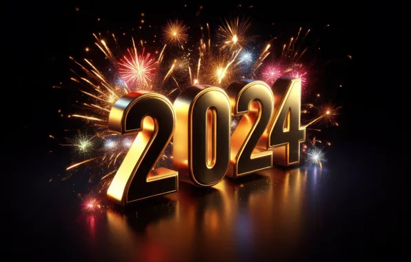 Salute, colorful, figures, New year, golden, numbers, New year, 2024