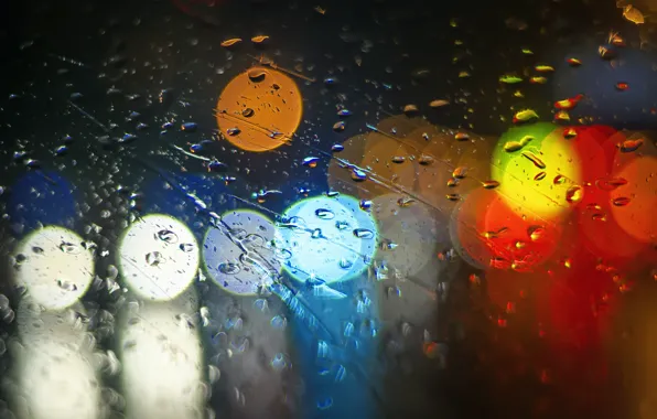 Glass, drops, light, lights, rain, colorful, bokeh