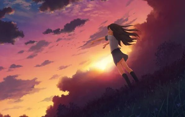 The sky, girl, the sun, clouds, joy, sunset, nature, anime