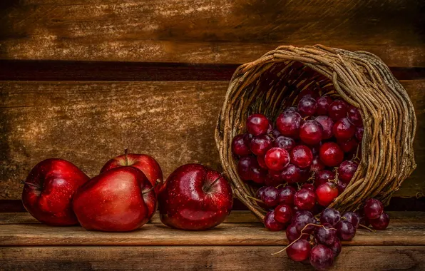 Basket, apples, food, grapes, fruit
