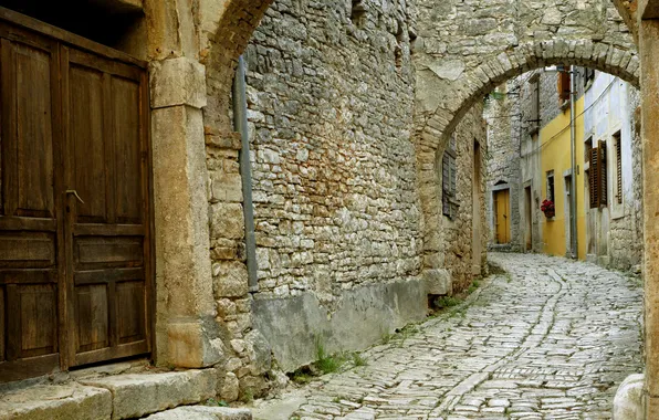 Picture house, wall, stone, the door, arch, shutters, bridge, street