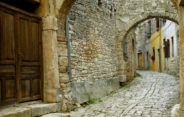 House, wall, stone, the door, arch, shutters, bridge, street