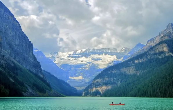 Landscape, mountains, lake, boat, Banff National Park