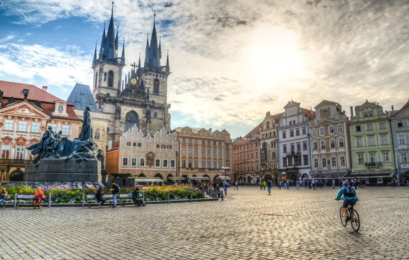 The sky, the sun, people, the building, HDR, Prague, Czech Republic, area