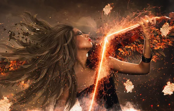 Girl, violin, sparks, photo manipulation