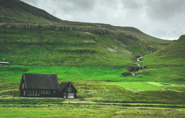 Field, clouds, mountains, house, hills, shore, the slopes, green