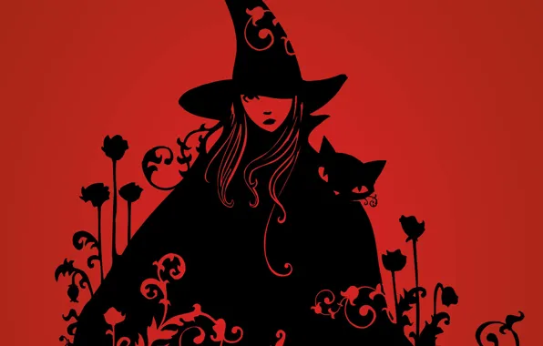 Picture spell, black cat, halloween, red background, wicked witch, witch, witch hat, evil eye