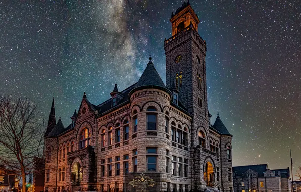 Picture the building, stars, Wisconsin, architecture, Wisconsin, starry sky, Waukesha, Historic Courthouse