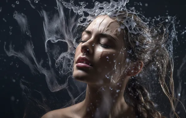 Water, girl, face, image, digital art, AI art, neural network, the art of artificial intelligence