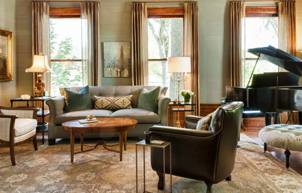 Design, style, room, interior, piano, living room, living room looking from foyer, by Herrick design …