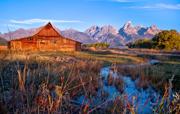 The sky, trees, sunset, mountains, stream, home