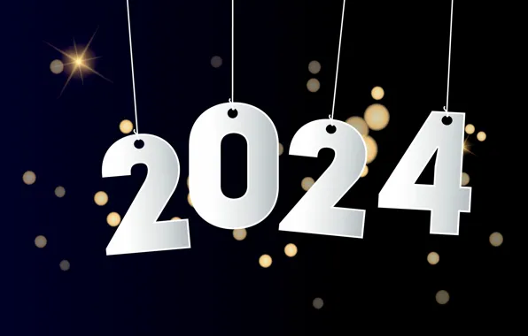 Figures, New year, white, black background, date, bokeh, hang, 2024