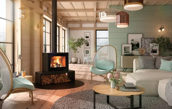 Design, interior, fireplace, retro style, living room, upholstered furniture