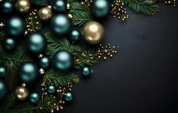 Picture decoration, the dark background, New Year, decoration, gold, blue, balls, new year