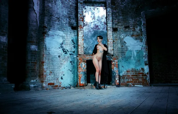 Chest, sexy, pose, wall, model, naked, body, brick