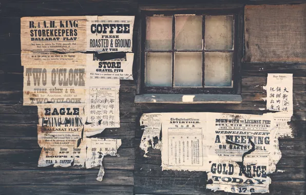 Picture wall, wood, paper, advertisements, Wild West