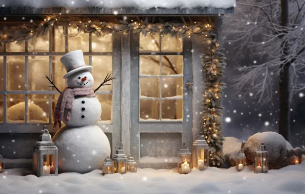 Picture winter, snow, snowflakes, tree, New Year, Christmas, snowman, happy