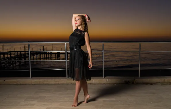 Sea, girl, pose, the evening, makeup, figure, dress, beauty