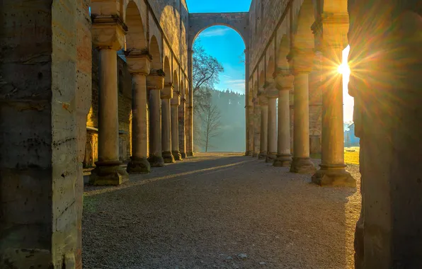 The sun, sunset, Germany, columns, ruins, the monastery, Thuringia, Paulinzella