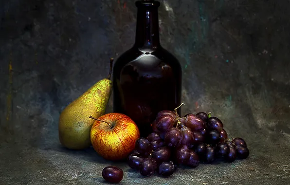 Picture photo, bottle, Apple, styling, grapes, pear, still life, pseudoeuops