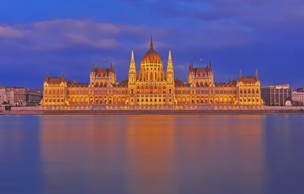 Night, lights, river, Parliament, Hungary, Budapest, The Danube