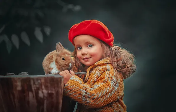 Autumn, look, leaves, smile, stump, portrait, rabbit, girl