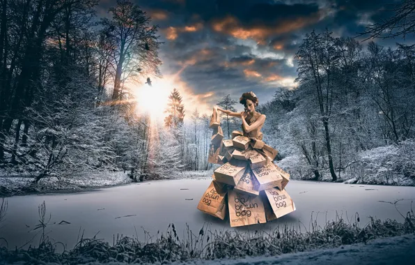 Winter, forest, girl, clothing, packages