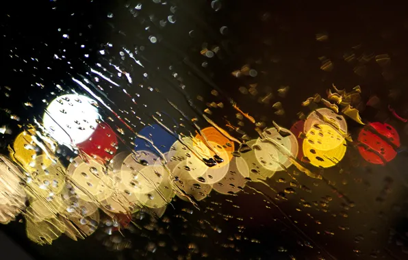 Picture glass, water, drops, lights, rain, the shower, threads, glass sprayed with water an evening sky