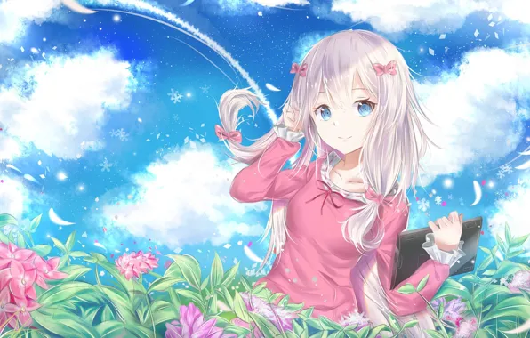 Picture the sky, girl, flowers, anime, art, EroManga-Sensei