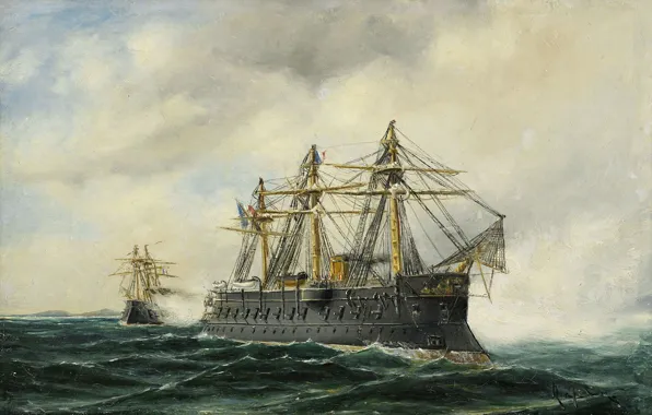 Picture Sea, battleship, Herman Gustav Sillen, flag of France, Marint motiv