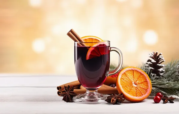 Glass, oranges, Christmas, New year, cinnamon, bump, needles, bokeh