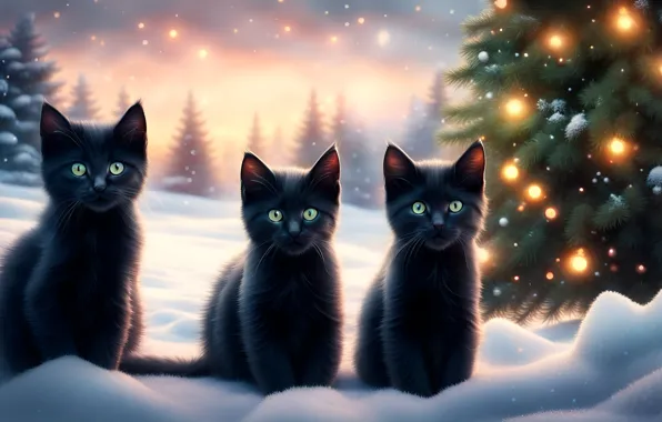 Winter, forest, snow, cats, kitty, black, Christmas, kittens
