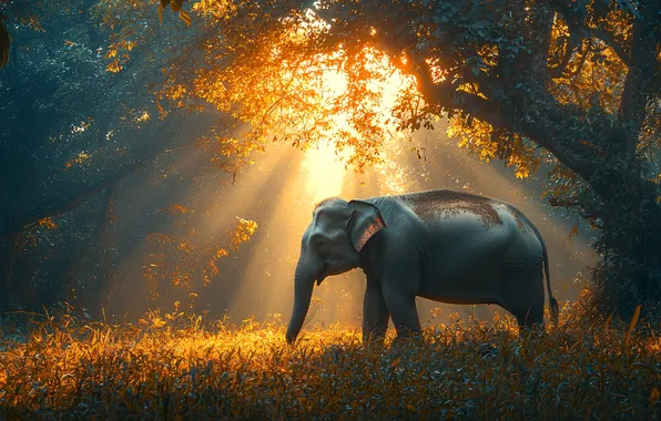 Forest, the sun, rays, trees, elephant, AI art, neural network