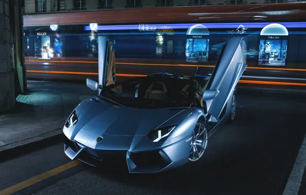 Picture Silver, Roadster, Lamborghini, City, LP700-4, Nigth, Aventador, Ligth