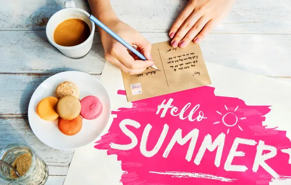 Summer, letter, the inscription, mug, macaroon